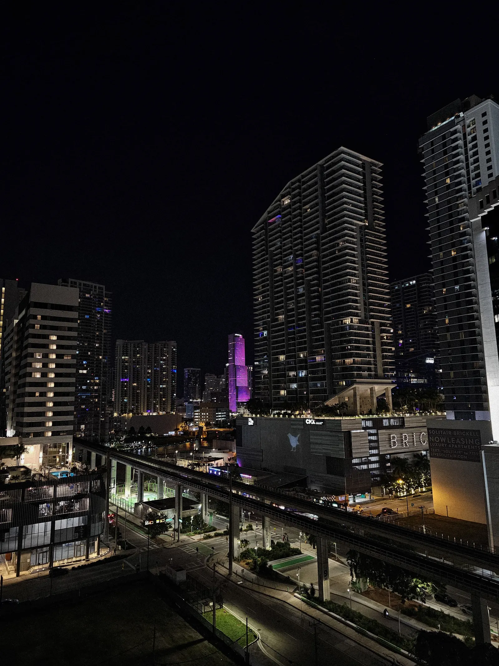 Miami skyline with illuminated skyscrapers at night