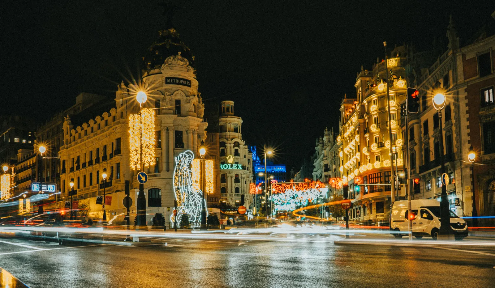Gran Via in Madrid lit up at night