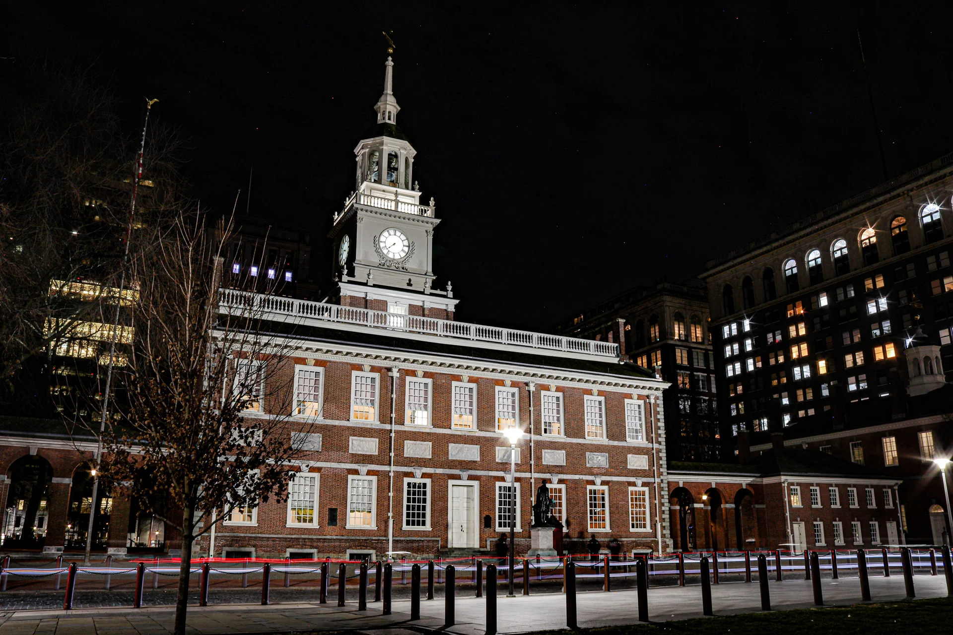 Independence Hall illuminated at night in Philadelphia