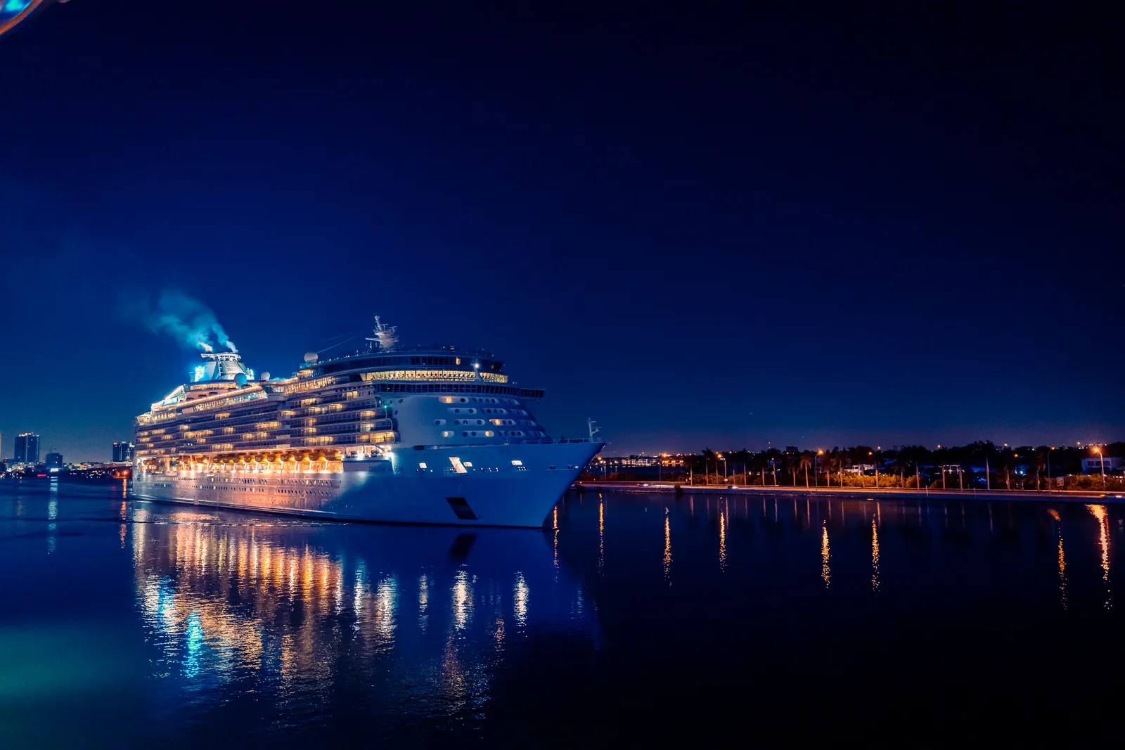 A cruise ship glowing over dark water at night